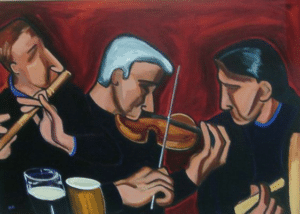 fiddle, tin whistle, and bodhran, painting by Pam O'Connell.